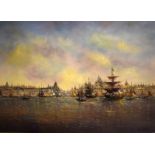 Kordian Roch - Oil on canvas - Sailing ships before a large port, signed, 72cm x 99cm, framed