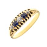 Unmarked yellow metal, diamond and sapphire five-stone dress ring, set with three diamonds and two