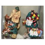 Four Royal Doulton figures - Lunchtime, The Old Balloon Seller, Silks & Ribbons and The Master