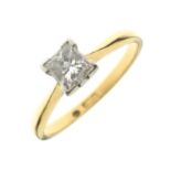 18ct gold and single stone diamond ring, the square-cut stone measures 4.7mm x 4.4mm approx, size M,