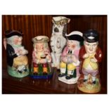 Group of five assorted Victorian and later pottery character jugs comprising: a begging spaniel