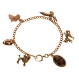 18ct gold curb-link charm bracelet, with six assorted charms including; tigers-eye oval cabochon,