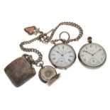 Two early 20th Century silver-cased open-face pocket watches, together with a watch albert with T-