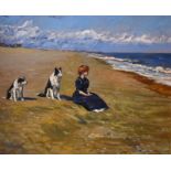 20th Century oil on canvas - Girl on a beach with two collies, monogrammed P.N., 49cm x 59cm, in a