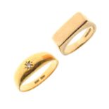 9ct gold 'Pinky' ring, size G½, together with a yellow metal wedding band with single gypsy-set