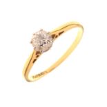 Yellow metal, platinum and single stone diamond ring, stamped Plat & 18ct, size J½, 1.3g gross