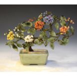 Oriental hardstone bonsai style tree in a celadon glazed planter, 18cm high