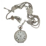 Lady's silver-cased open-face fob watch, together with a five-strand belcher-link chain with T-bar