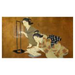 Oriental scene on lacquered panel depicting two Geisha against a gilt background, 50cm x 96cm