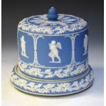 Wedgwood-type blue and white jasper ware cylindrical cheese stand having domed cover, unmarked, 24cm