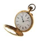 Lady's yellow metal half hunter-cased fob watch, front cover with blue enamelled Roman chapter ring,