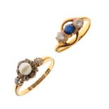 15ct gold dress ring set single pearl, together with an unmarked yellow metal three stone ring