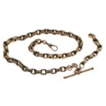 Yellow metal belcher-link watch albert or chain of large textured hollow links, with associated T-