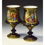 Pair of Vienna-style porcelain urn shaped vases having decorated panels of classical figures,