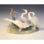 Lladro figure group of three geese, 14cm high