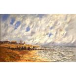 J. Rohda - Oil on canvas - English seaside beach scene with horses, 49cm x 74.5cm, in gilt frame