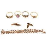 Assorted gold and yellow metal jewellery to include; 9ct gold chain and cufflinks, together with