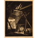 Graham Barry Clilverd - Drypoint etching - Figures in a barn, 26cm x 20cm, framed and glazed