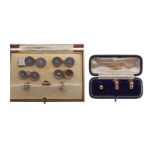 Five unmarked yellow metal collar studs in fitted case, together with a cased selection of yellow