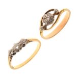 Yellow metal and three stone diamond dress ring, indistinctly marked, size O½, together with an