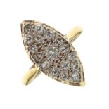 18ct gold and diamond ring of navette design set seventeen small stones, size O, 5.6g gross approx