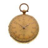 Early Victorian lady's 18ct gold open-face pocket watch, gilt Roman dial engraved with a perching