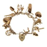 9ct gold curb-link charm bracelet with padlock and approximately sixteen assorted charms, 41g