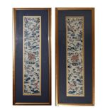 Pair of Oriental embroidered silk rank badges, 48cm x 8cm, framed and glazed