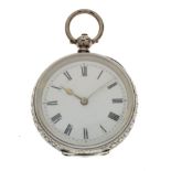 Swiss silver open-face pocket watch, white Roman dial, back-wound movement, case stamped 0,935, 1.