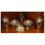 Assorted metal ware to include; pair of Japanese polished bronze vases, pair of Middle Eastern or
