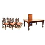 Victorian mahogany draw-out extending dining table with one leaf, 204cm x 124cm, and a set of six