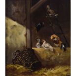 'Dubois' - Oil on panel - Cockerel and chickens in a barn, signed lower right, 25cm x 20.5cm, in