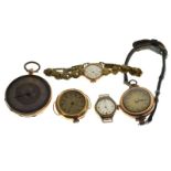 Four assorted watches comprising: Lady's yellow metal open-faced fob watch, case stamped K14,