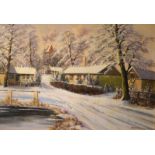 20th Century oil on canvas - Snowy winter village scene, indistinctly signed, 66cm x 96cm, in gilt