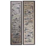 Pair of Oriental embroidered silk rank badges, 56cm x 10cm, framed and glazed