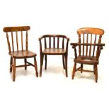 Early 20th Century child's bentwood armchair, child's beech and elm seat stick back chair and a