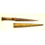 African hunting dagger having bone handle and decorative brass sheath, measures approximately 30cm