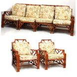 Bamboo framed conservatory suite comprising: four seat sectional settee, pair of armchairs, together