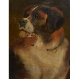 19th Century English School - Oil on canvas - Portrait of a St Bernard type dog, 29cm x 21cm, in a