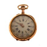 Lady's Continental unmarked yellow metal open-face fob watch, cream convex dial with Roman hours and