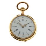 Lady's Continental yellow metal open-face fob watch, white dial with Roman hours and Arabic minutes,