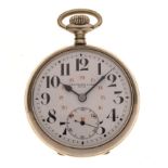 Tissot - Early 20th Century chromium-plated open face pocket watch, white Arabic dial with