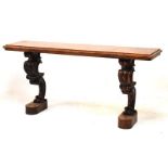 Victorian walnut console table with moulded rectangular top on two carved monopodiae and plinth