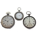 Three various silver pocket watches, comprising: two English Gentlemen's open-face examples and a