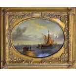 Reproduction oval convex oil on panel depicting fishermen landing the catch, 28cm x 39cm, in a