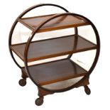 Art Deco walnut veneered three tier hoop design tea trolley, 78cm high