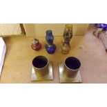 Two miniature oil lamps, 2 brass holders