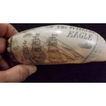 A copy of Scrimshaw whale tusk depicting