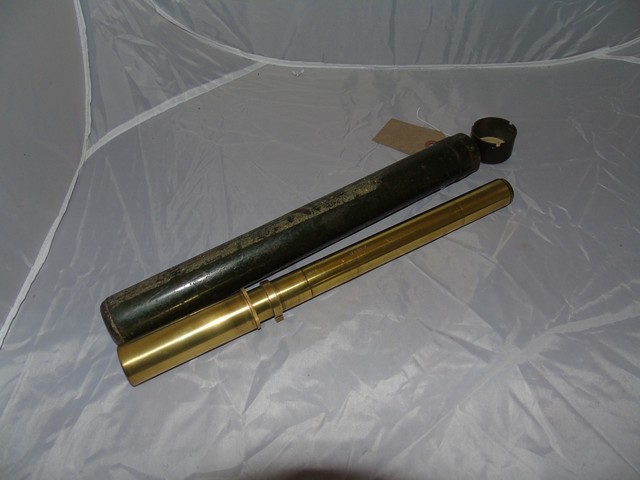 CANADIAN R.E.L. BRASS SIGHTING TELESCOPE WITH MILITARY CROWFOOT & STAMPTED 1943, EXTENDS TO 13" WITH