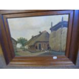 H HAZEVELD OIL PAINTING OF THATCHED COTTAGES ON BOARD 50 X 38 CM EST [£100- £140]